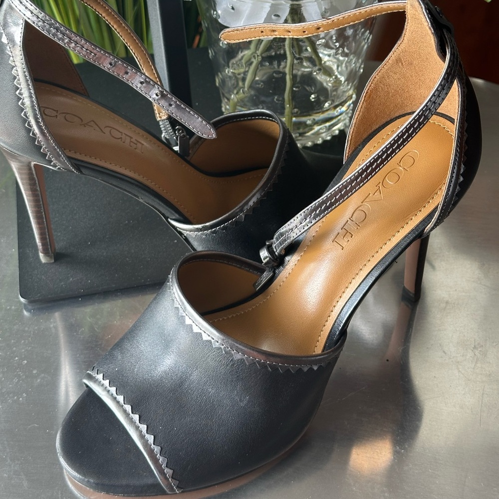 Coach Black and Silver Heels. 7.5 Designer Leather Open Toe